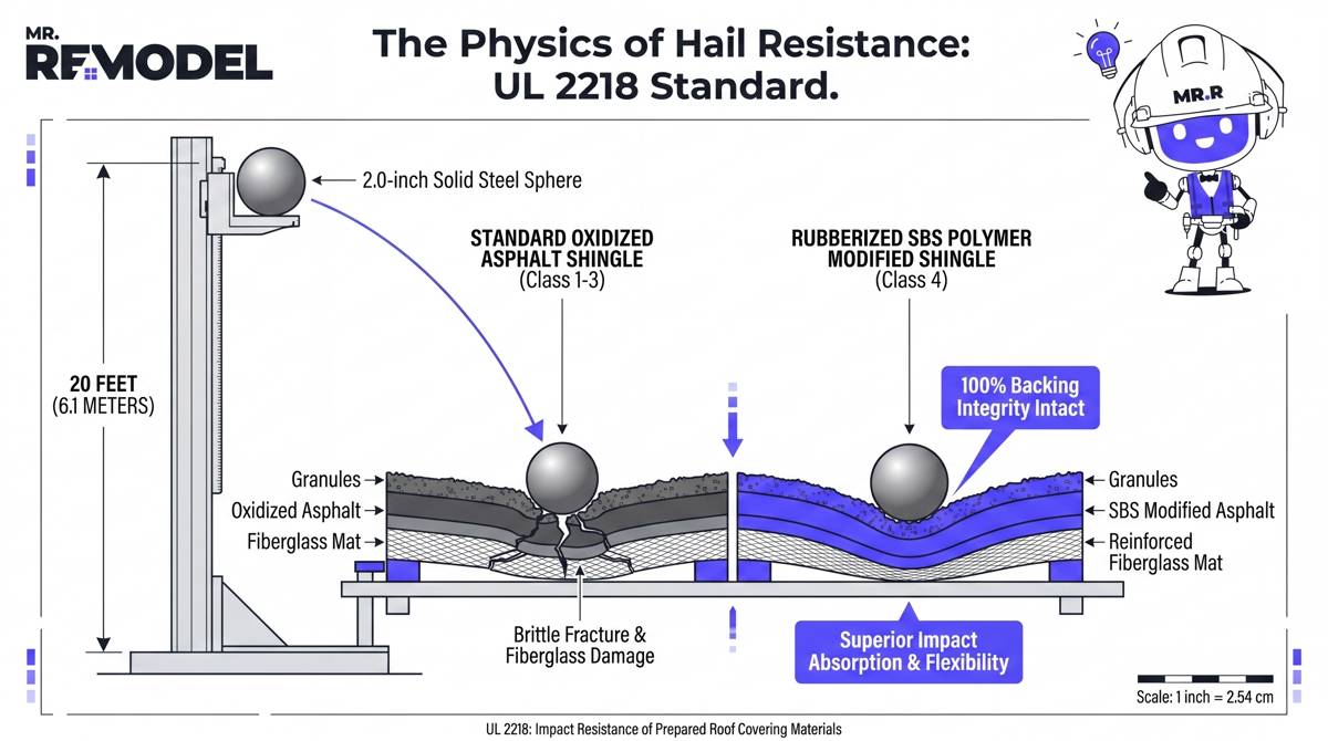 A technical engineering schematic illustrating the UL 2218 Class 4 testing protocol where a 2-inch steel ball drops 20 feet onto rubberized SBS shingles.